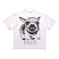 A white short-sleeve t-shirt featuring a black and white graphic print of an angry Chihuahua dog wearing sunglasses, with the word 'PAIN' printed in gray underneath.