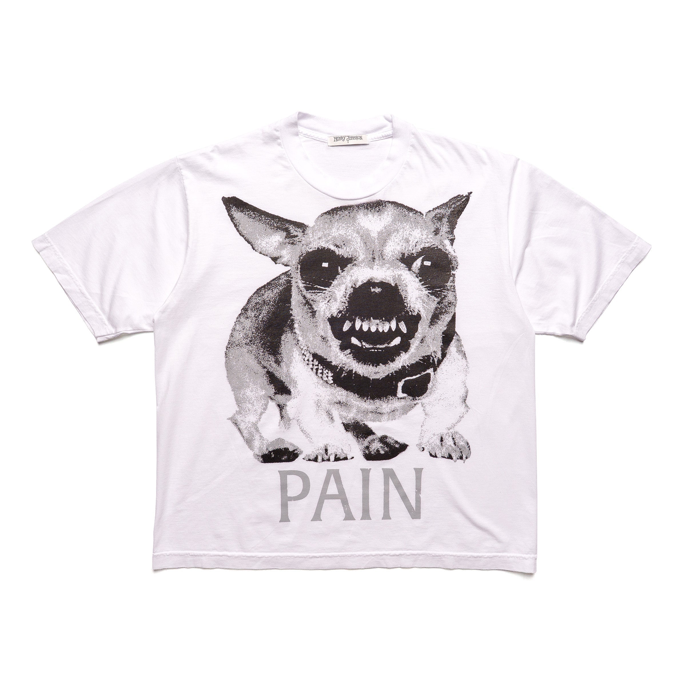 A white short-sleeve t-shirt featuring a black and white graphic print of an angry Chihuahua dog wearing sunglasses, with the word 'PAIN' printed in gray underneath.